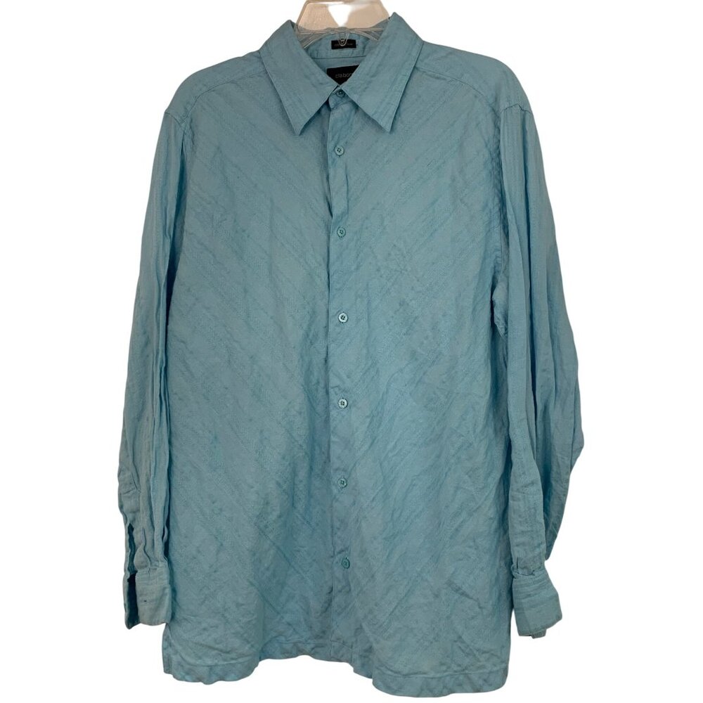 Claiborne Mens Blue Linen Button Shirt Large Vacay 8891 EUC cruise Island